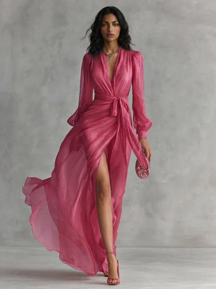 Elegant pink chiffon long dress with pearls and V-neck for women – LeStyle