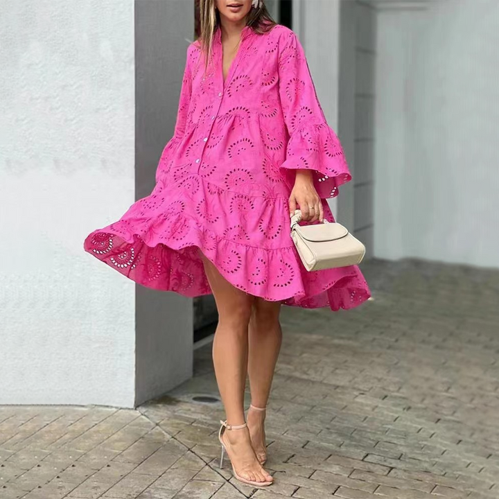 Eyelet V-Neck Mini Dress with Long Sleeves