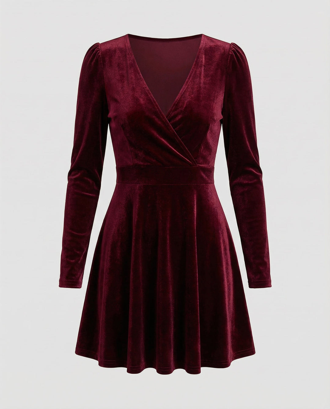 Red Velvet-Look V-Neck Long Sleeve Dress