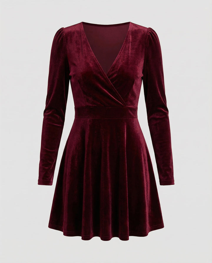 Red Velvet-Look V-Neck Long Sleeve Dress