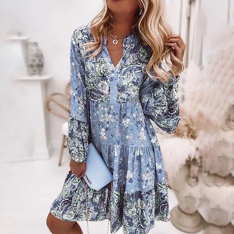 Floral V-Neck Long Sleeve Mini Dress