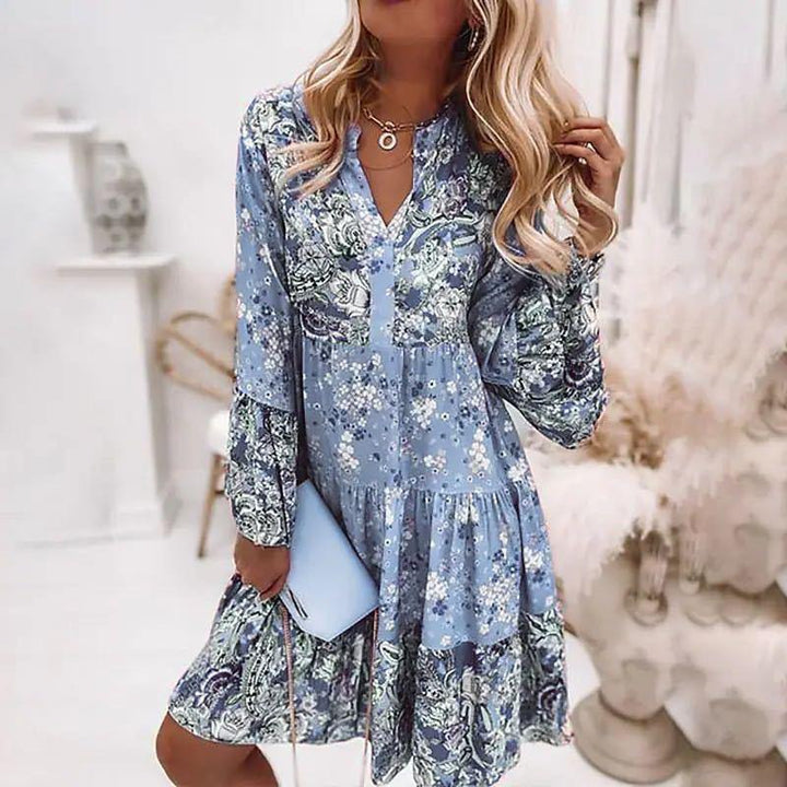 Floral V-Neck Long Sleeve Mini Dress
