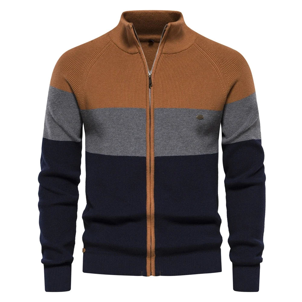 Casaco de malha masculino com painéis às riscas e fecho integral de correr