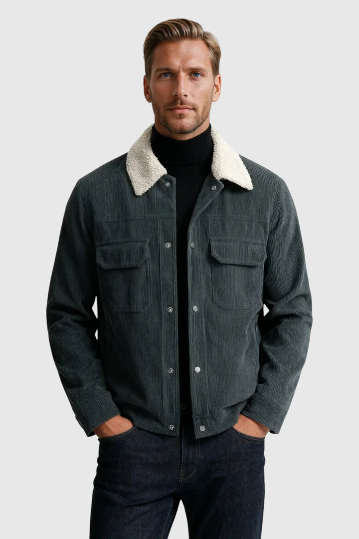Chaqueta de terciopelo gris oscuro para hombre | Cuello de borreguito y botones a presión