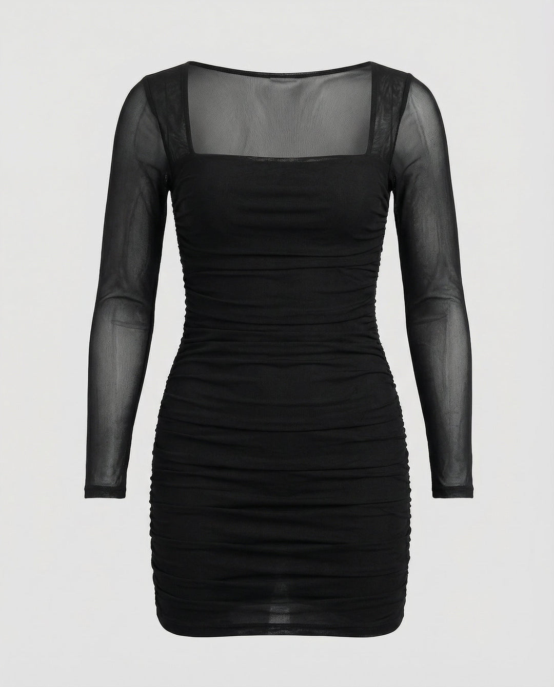 Sheer Long Sleeve Ruched Mini Dress