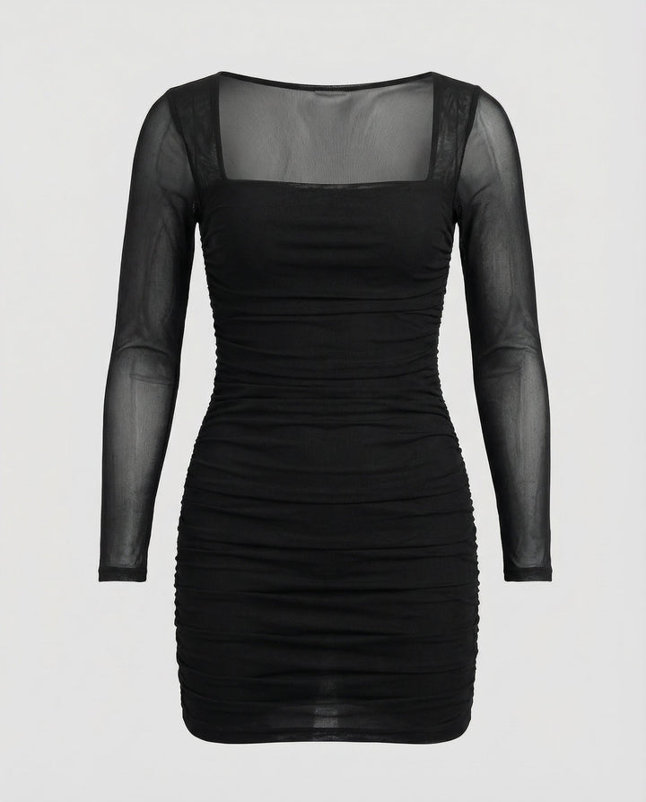 Sheer Long Sleeve Ruched Mini Dress