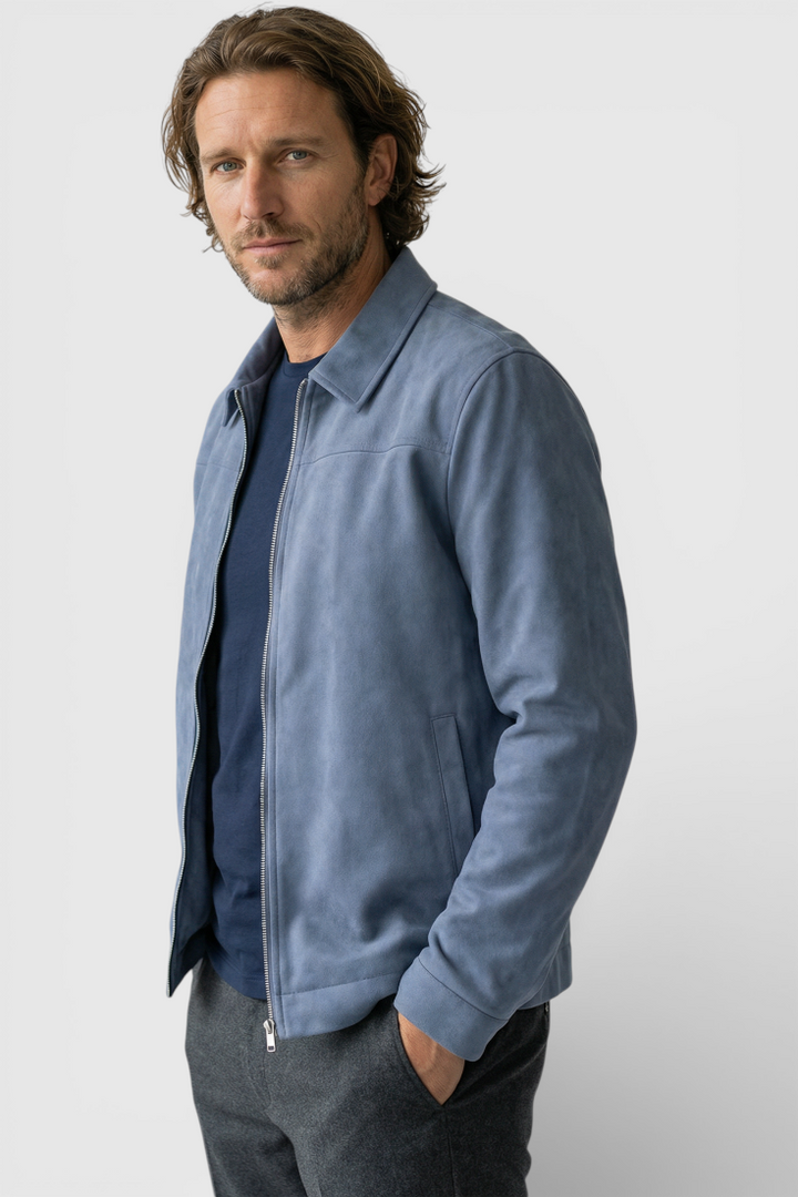 Chaqueta de ante azul para hombre | Cremallera delantera y corte regular