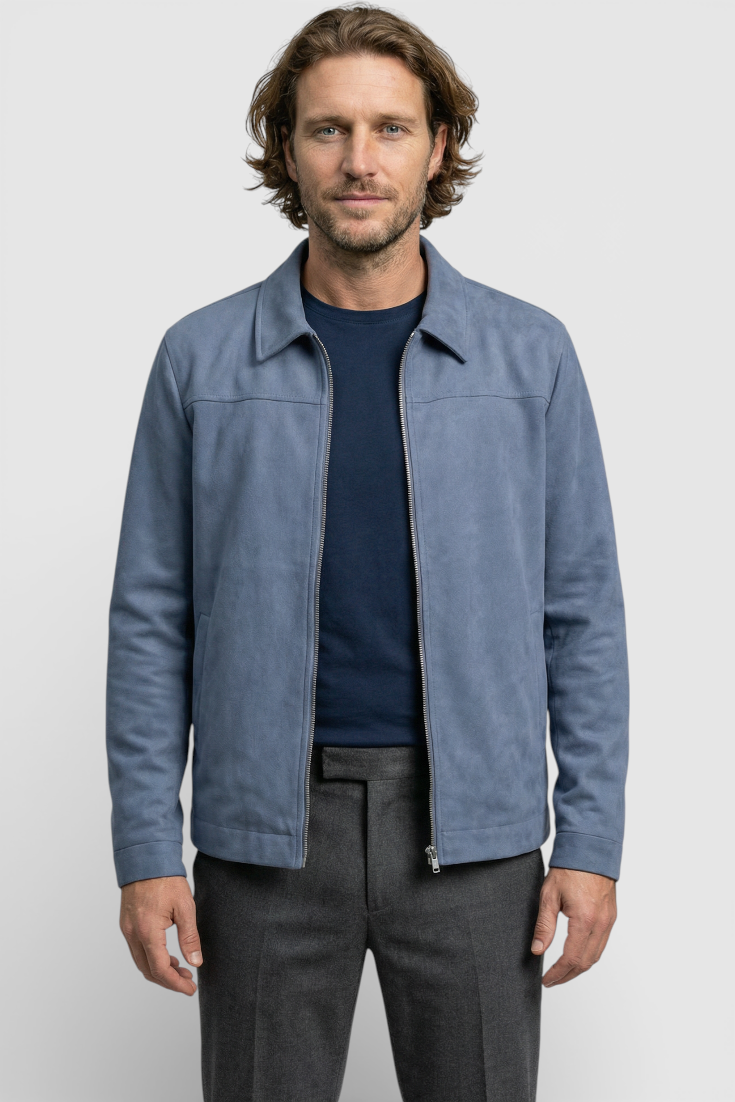 Chaqueta de ante azul para hombre | Cremallera delantera y corte regular