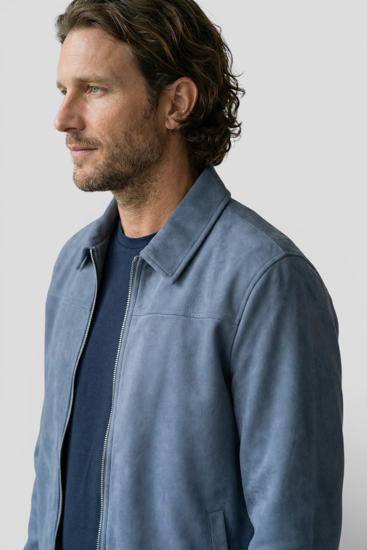 Chaqueta de ante azul para hombre | Cremallera delantera y corte regular