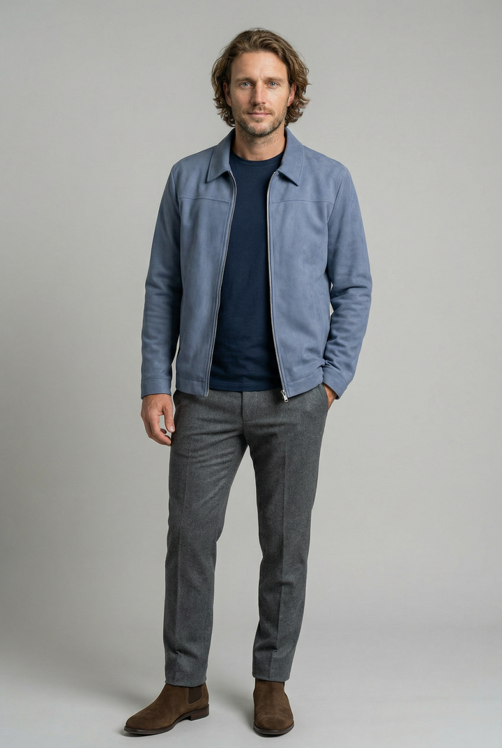Chaqueta de ante azul para hombre | Cremallera delantera y corte regular
