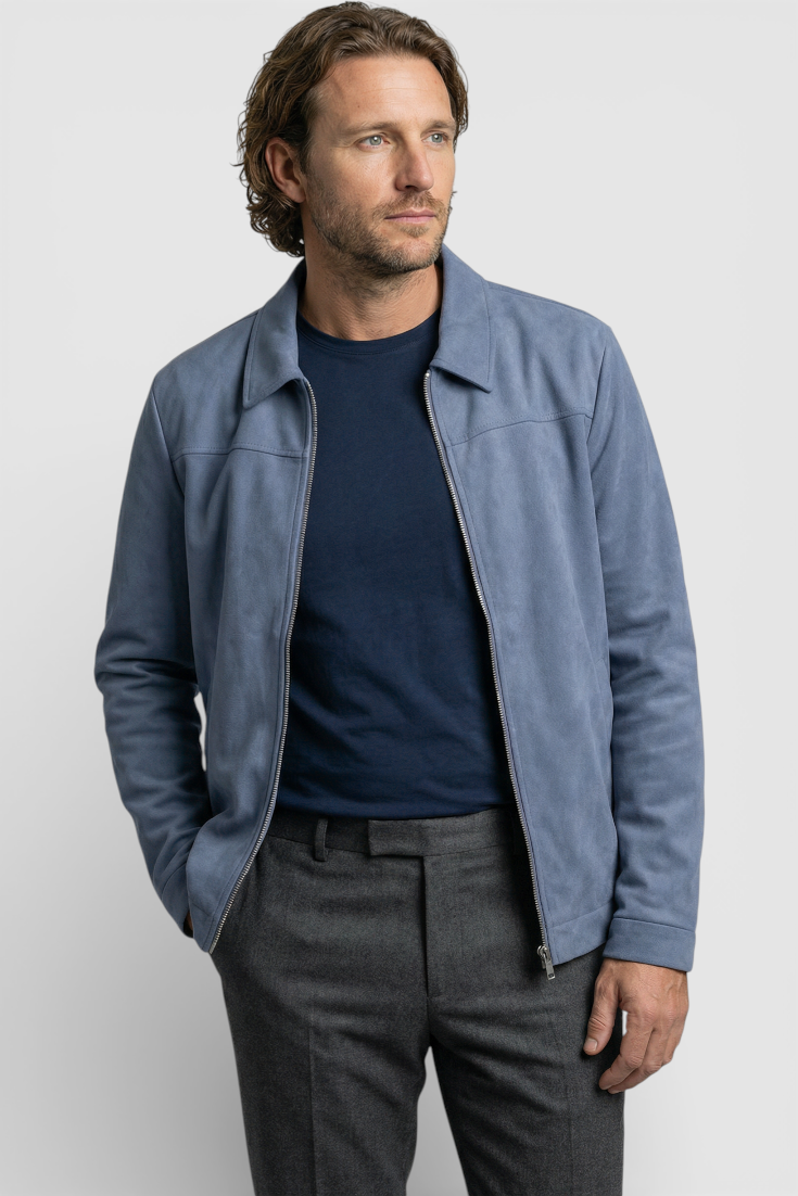 Chaqueta de ante azul para hombre | Cremallera delantera y corte regular