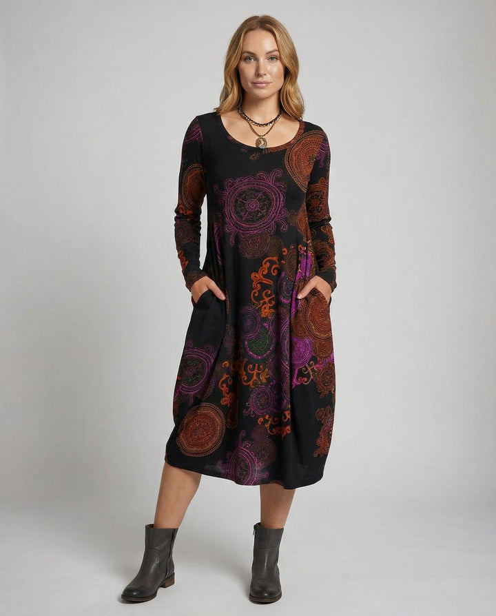 Boho Long Sleeve Midi Dress With Paisley Print