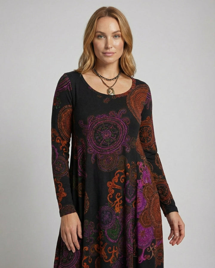 Boho Long Sleeve Midi Dress With Paisley Print