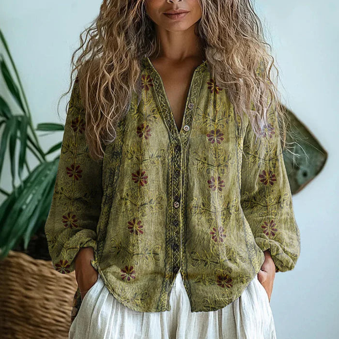 Ámbar™ - Blusa Vintage con Estampado de Hojas