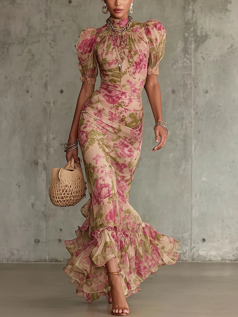 Fiora - Vestido largo con estampado de rosas vintage y mangas abullonadas