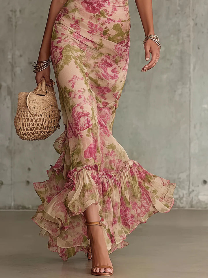 Fiora - Vestido largo con estampado de rosas vintage y mangas abullonadas