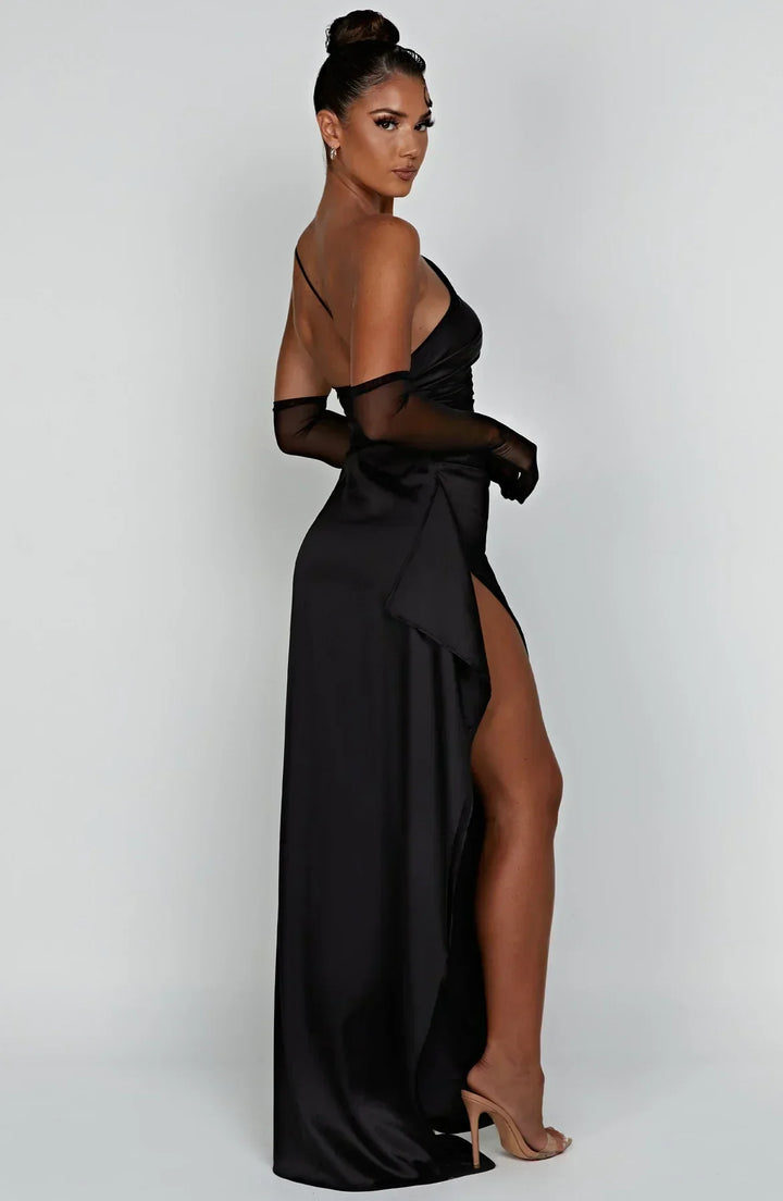Pleated satin slit dress