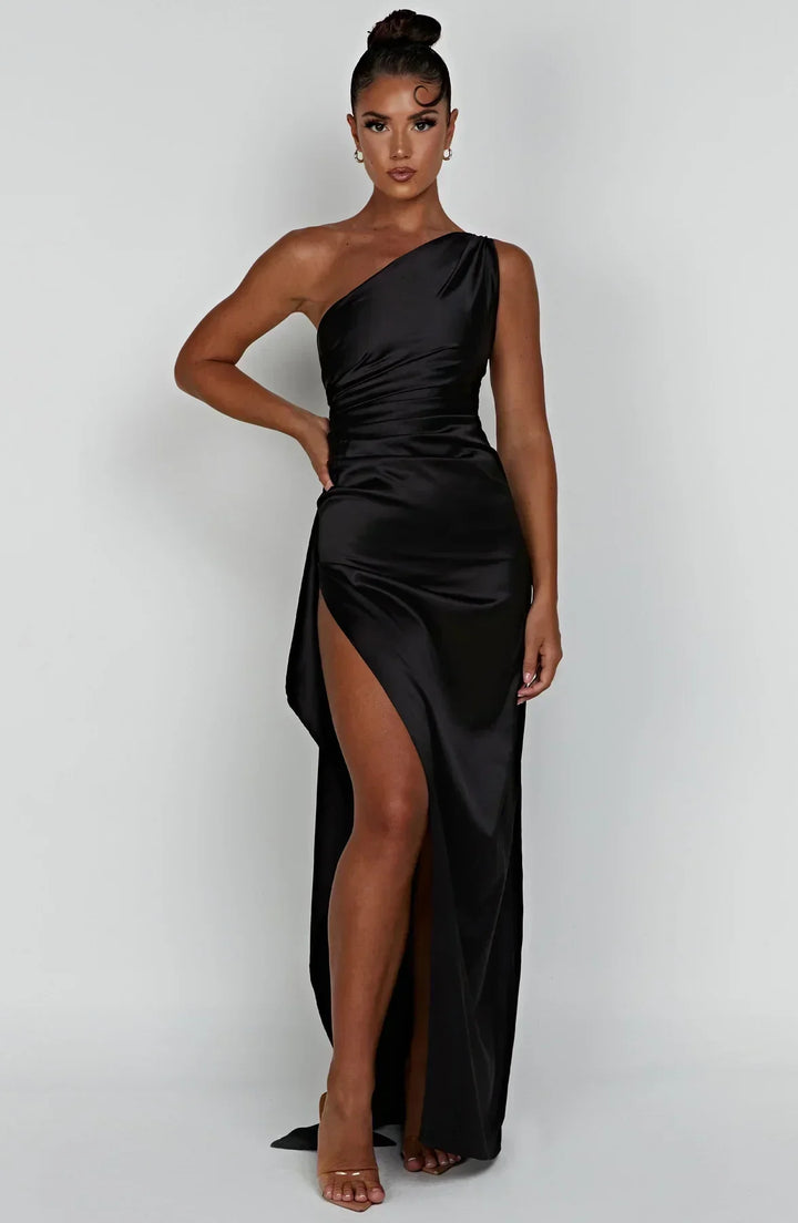 Pleated satin slit dress