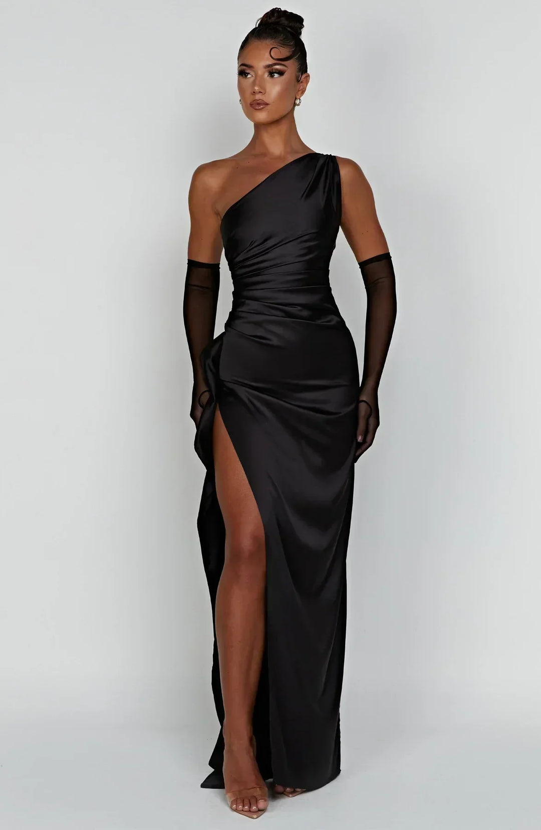 Pleated satin slit dress