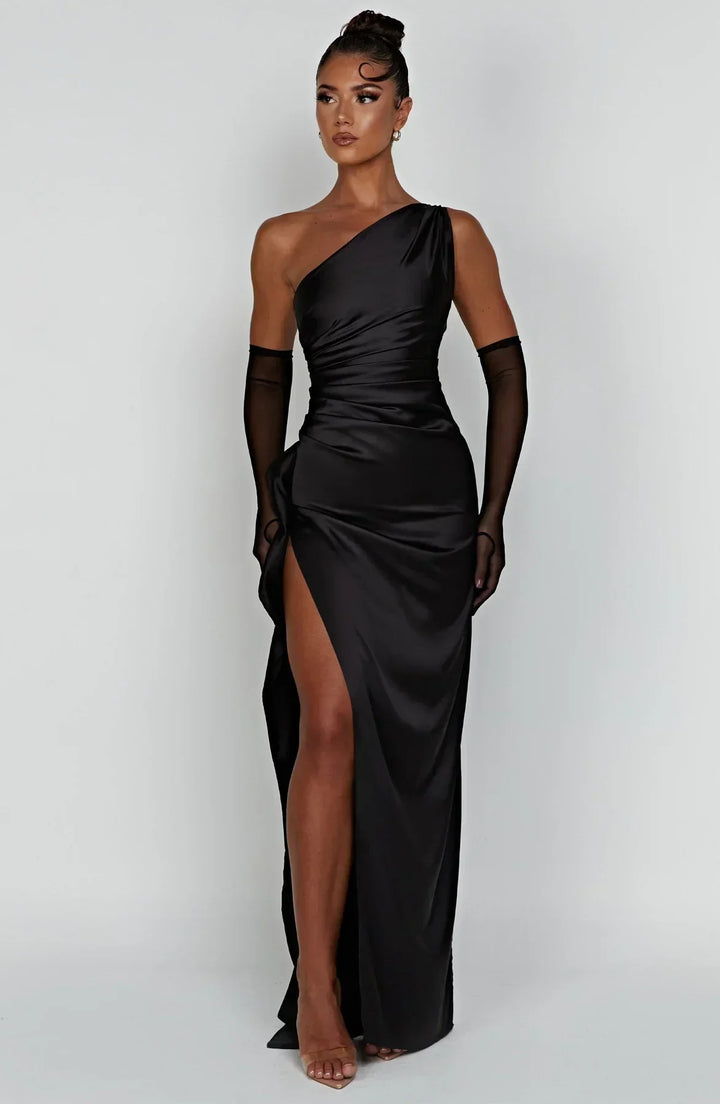 Pleated satin slit dress