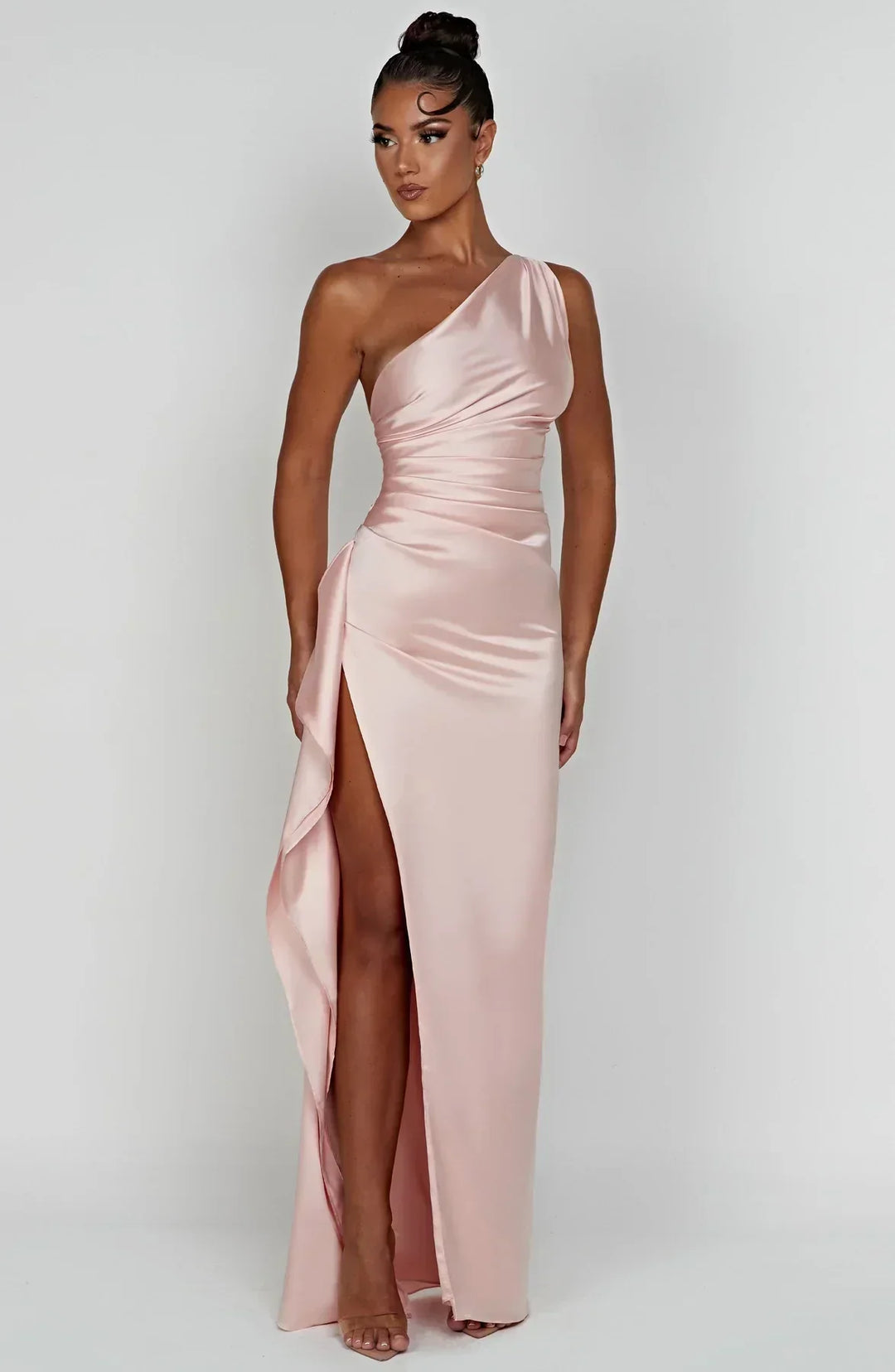 Pleated satin slit dress