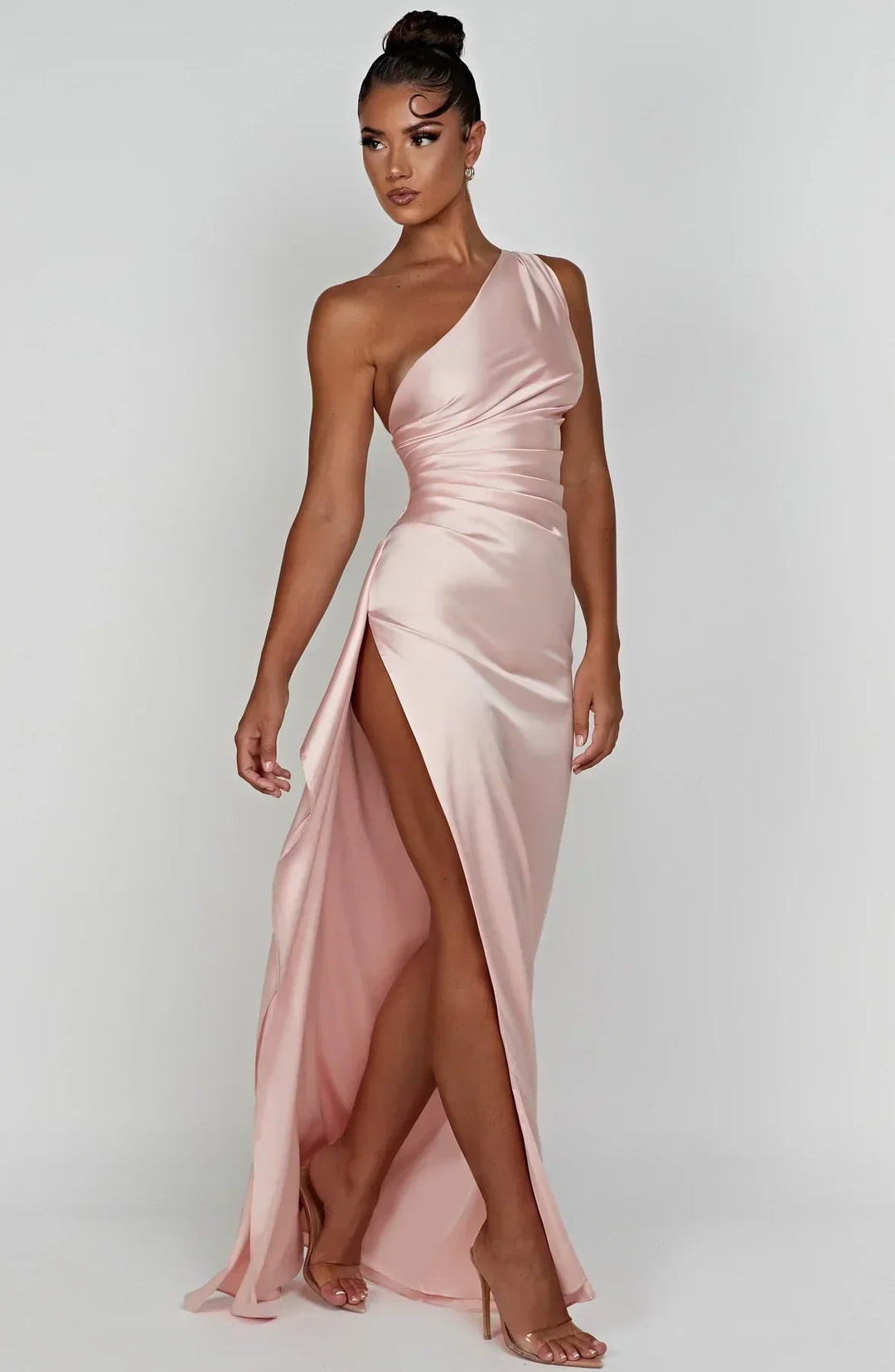Pleated satin slit dress