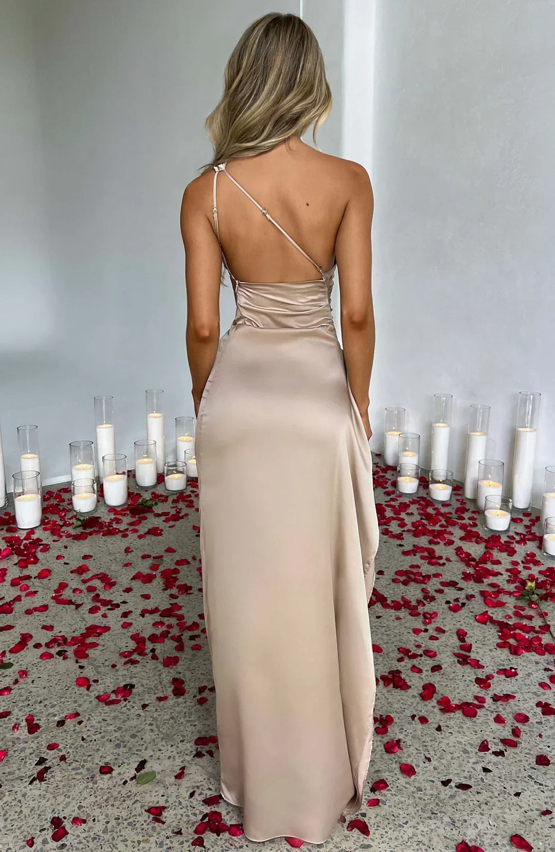 Pleated satin slit dress