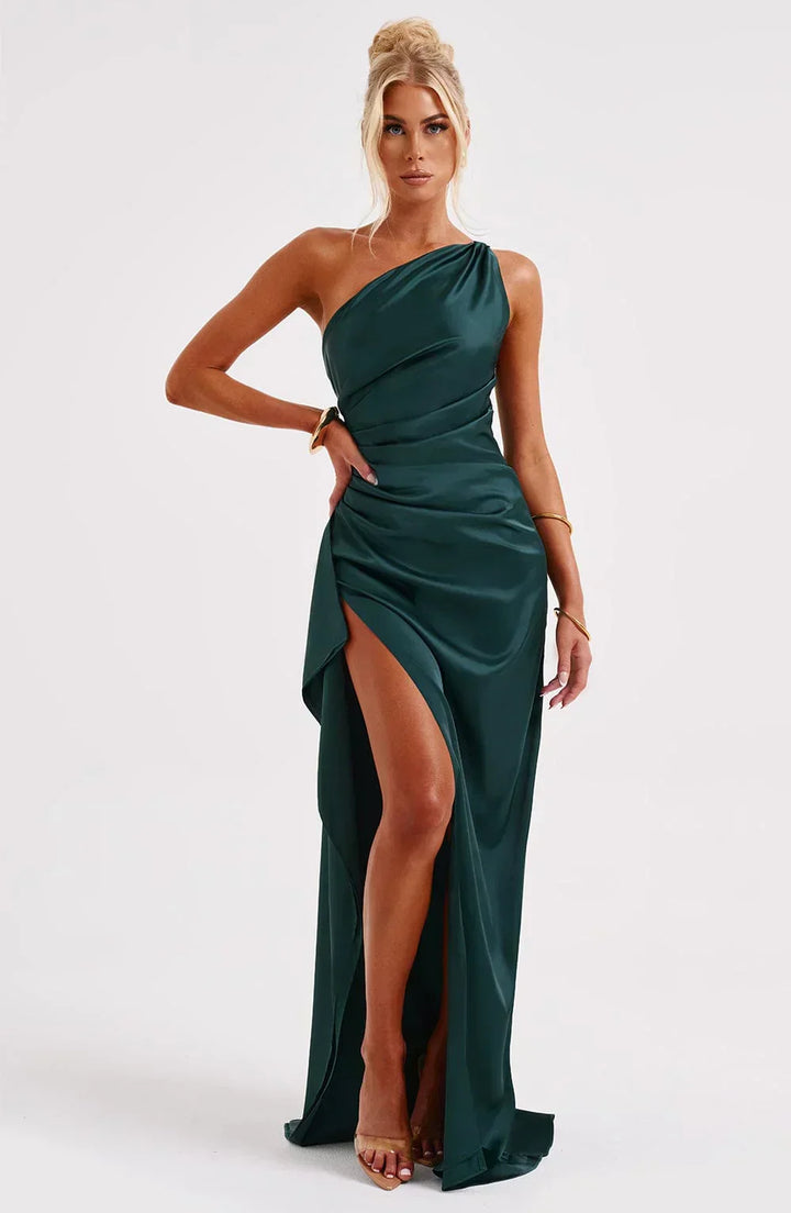 Pleated satin slit dress