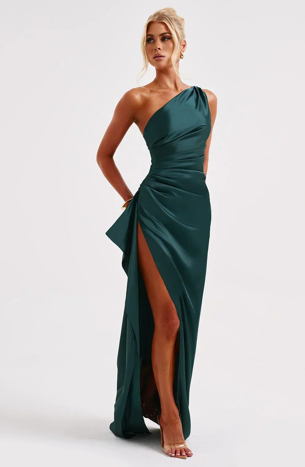 Pleated satin slit dress