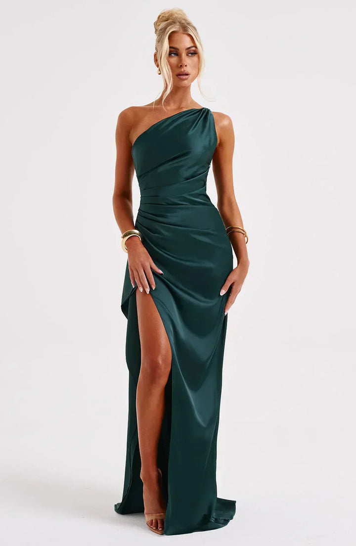 Pleated satin slit dress