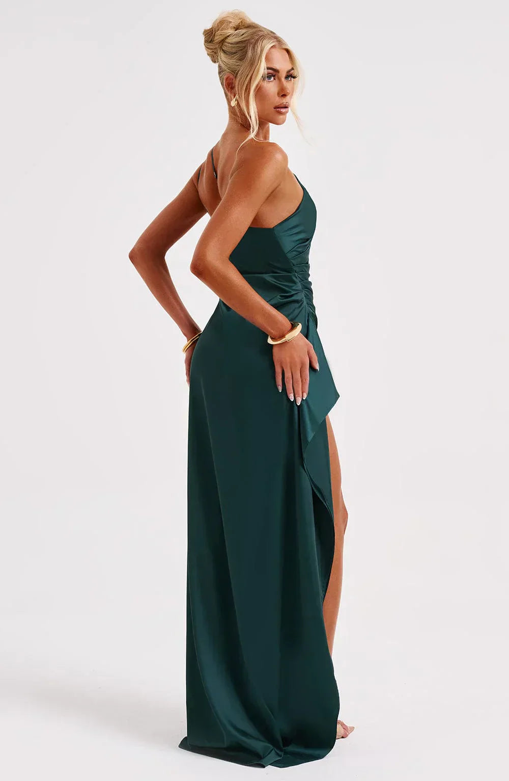 Pleated satin slit dress