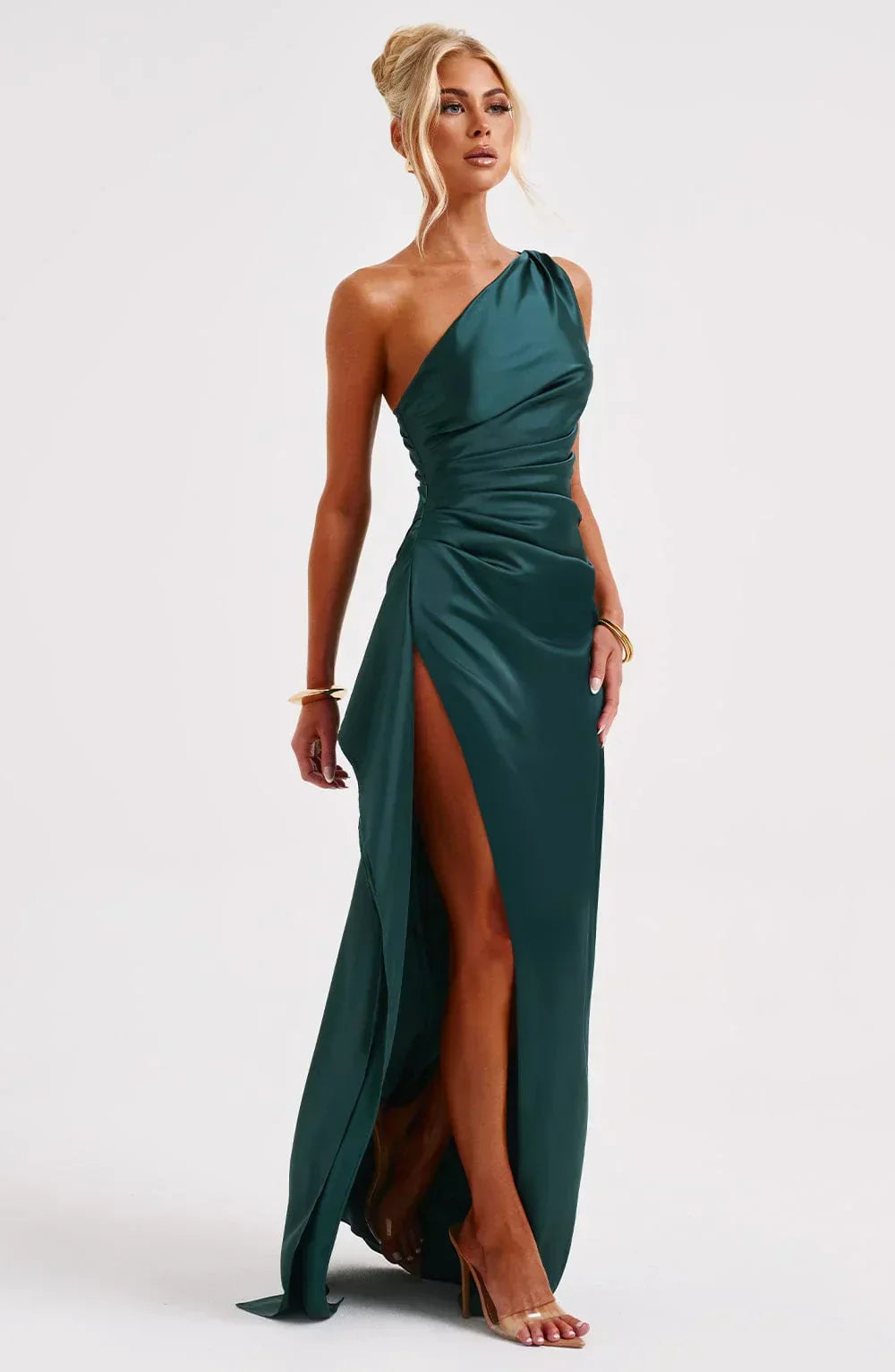 Pleated satin slit dress