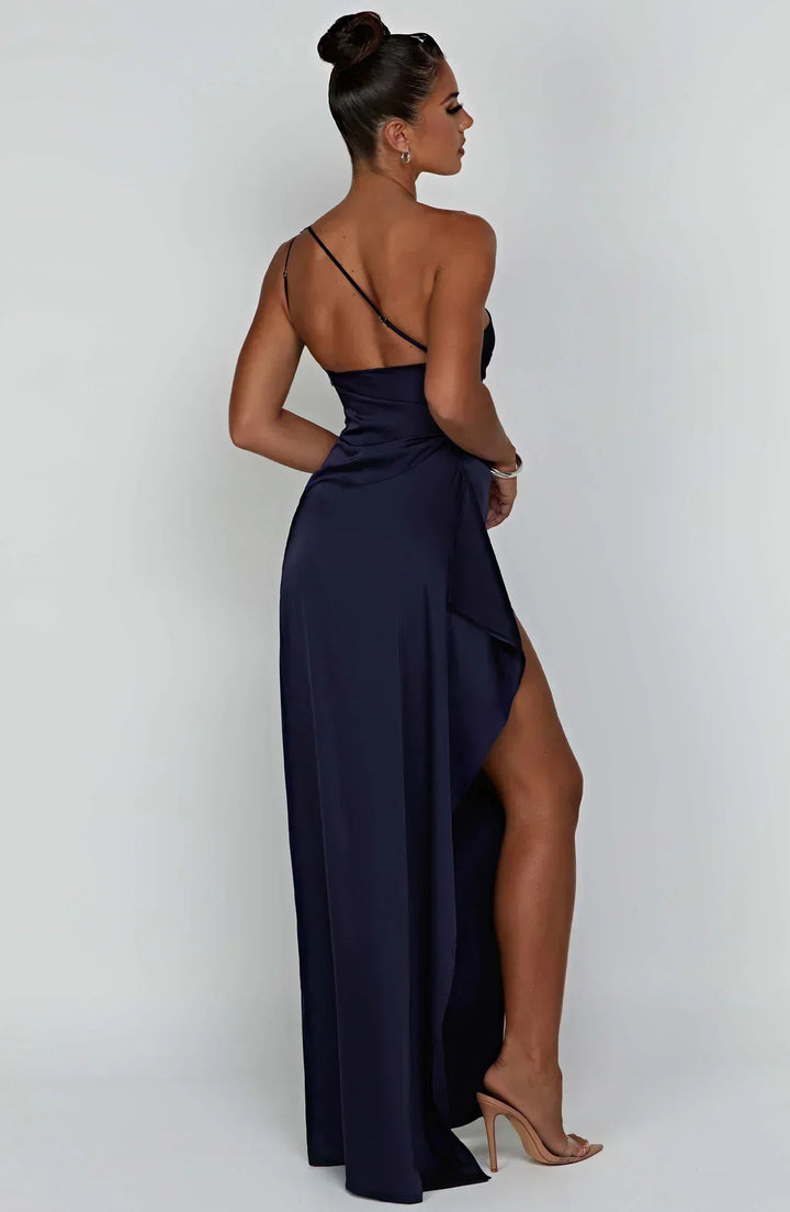 Pleated satin slit dress