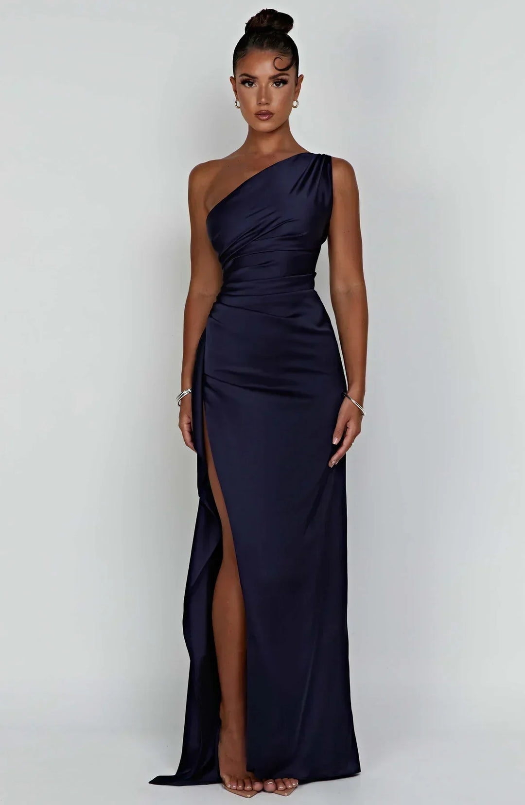 Pleated satin slit dress