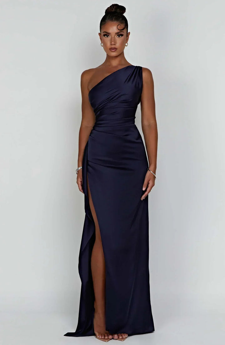 Pleated satin slit dress