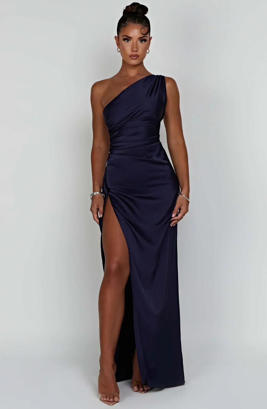 Pleated satin slit dress