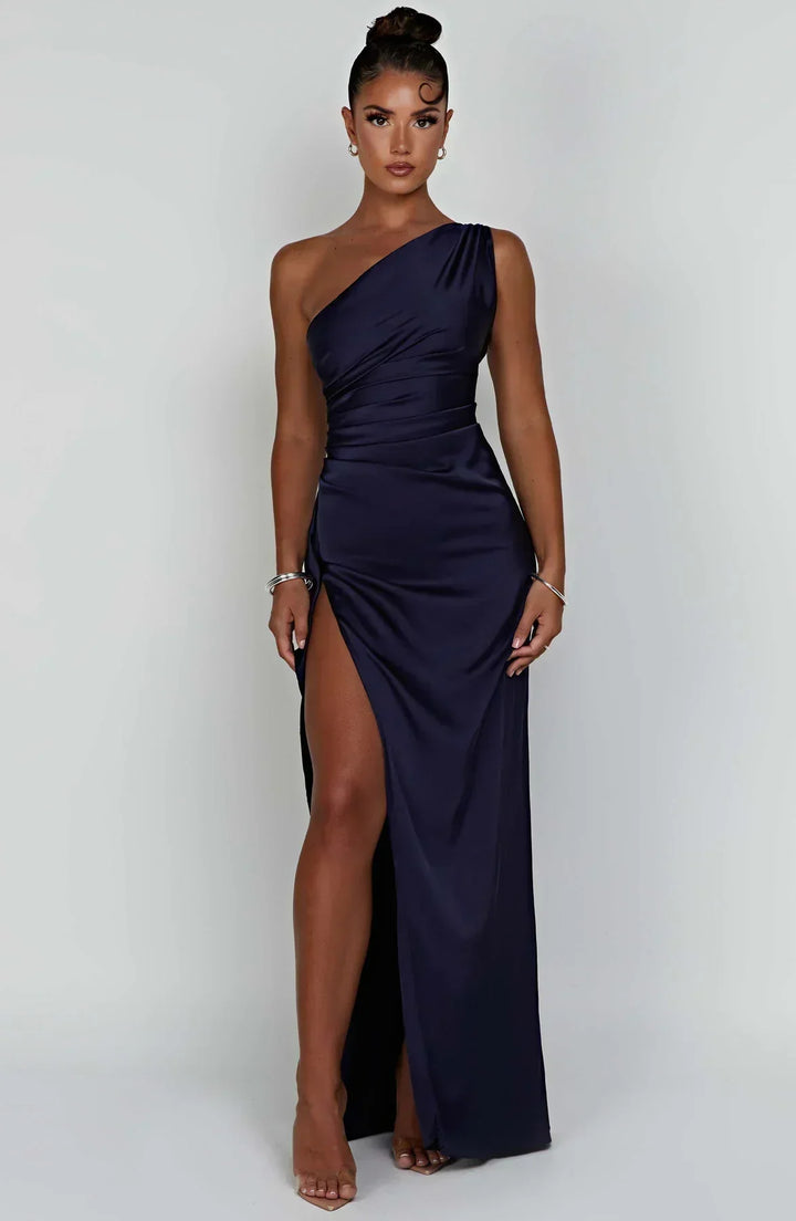 Pleated satin slit dress