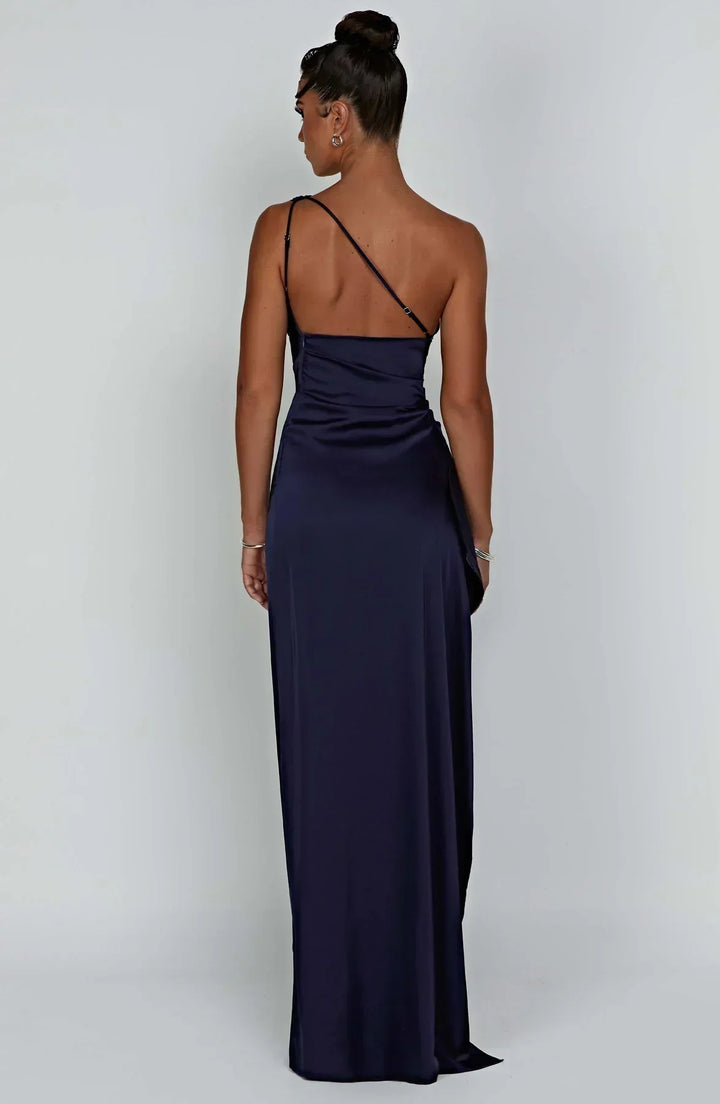 Pleated satin slit dress
