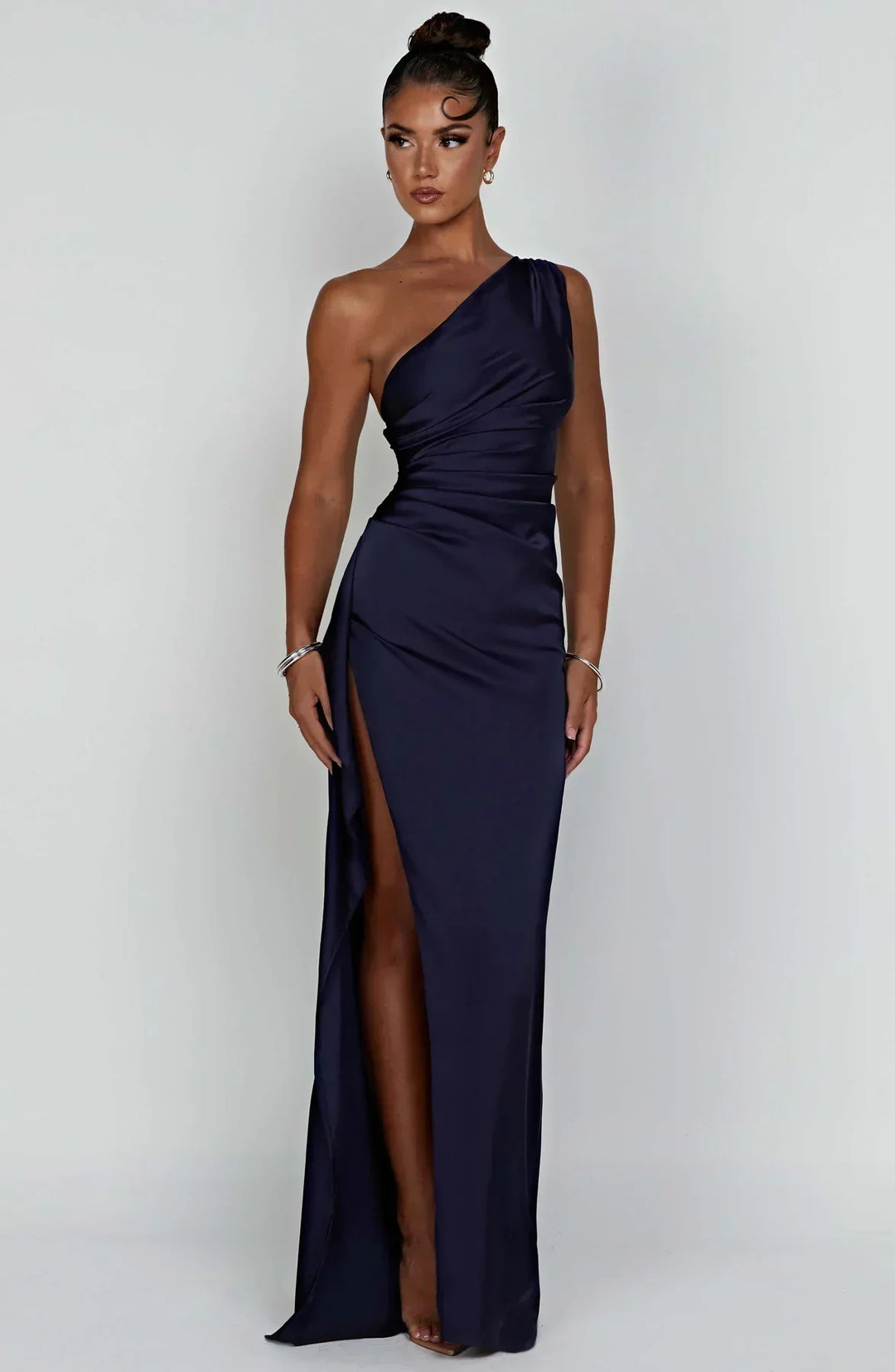 Pleated satin slit dress