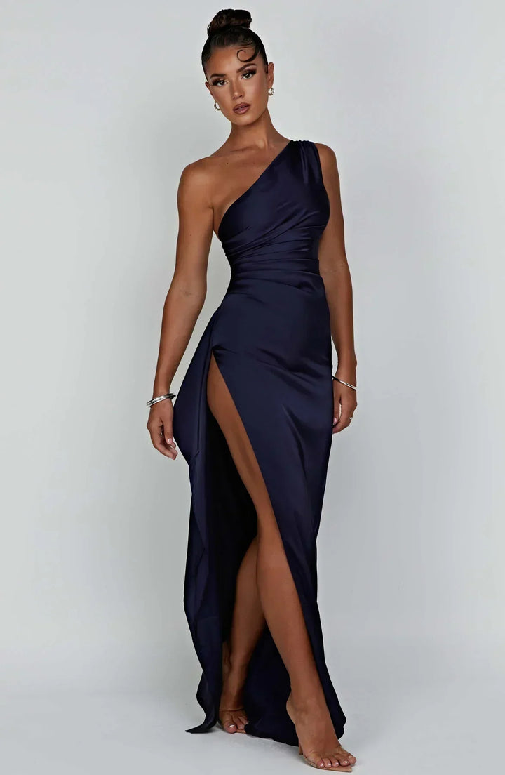 Pleated satin slit dress