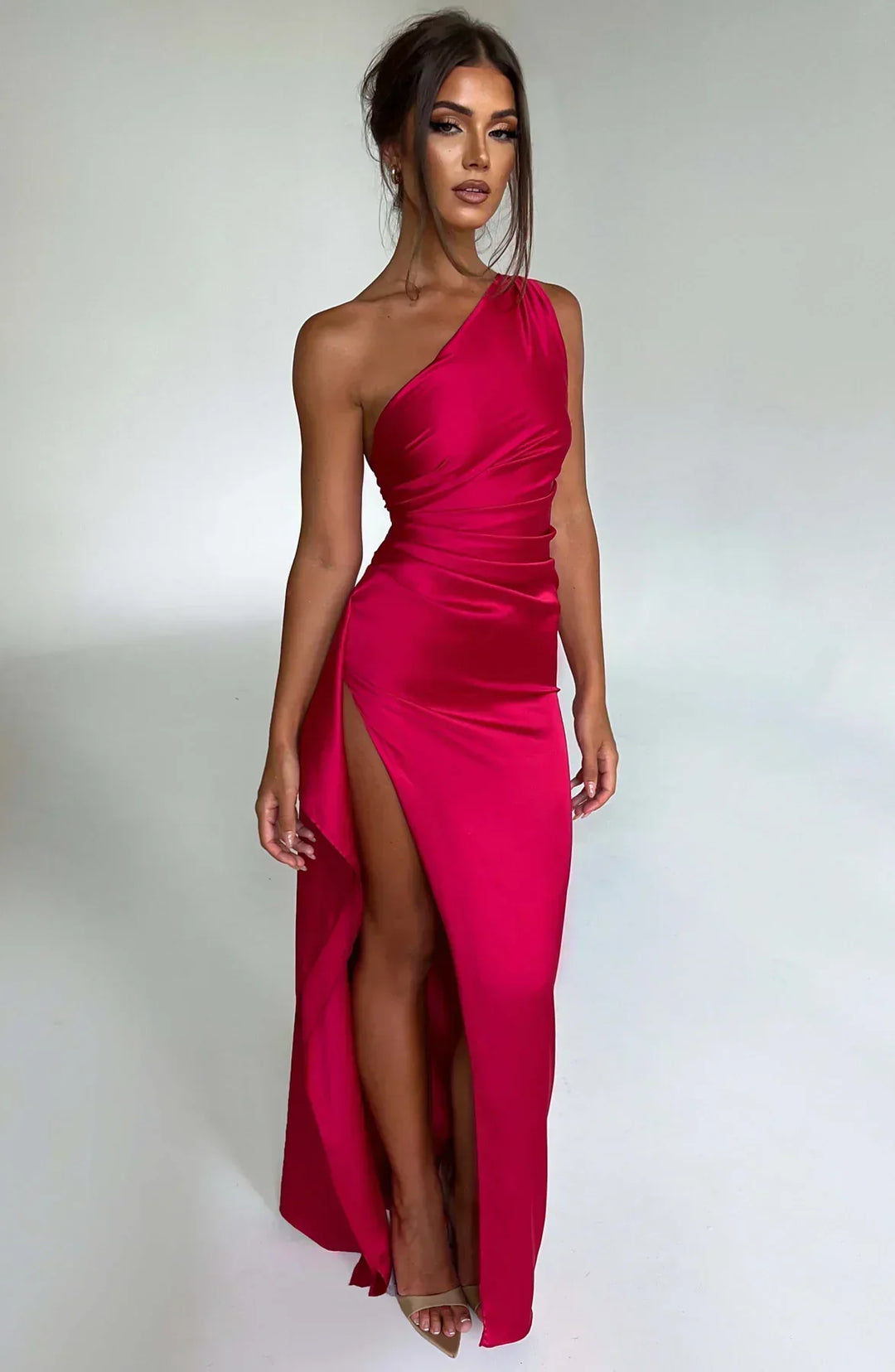Pleated satin slit dress