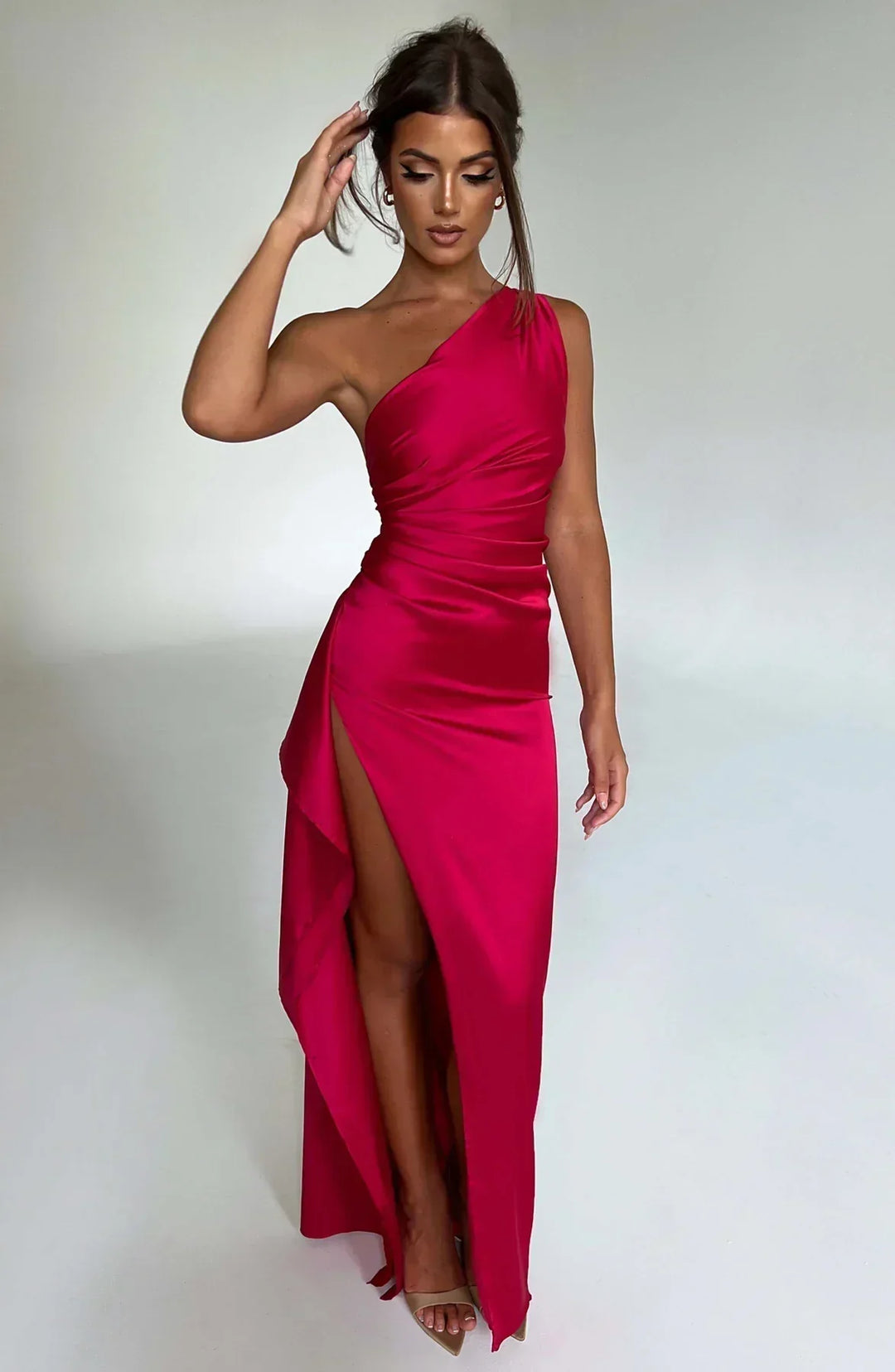 Pleated satin slit dress