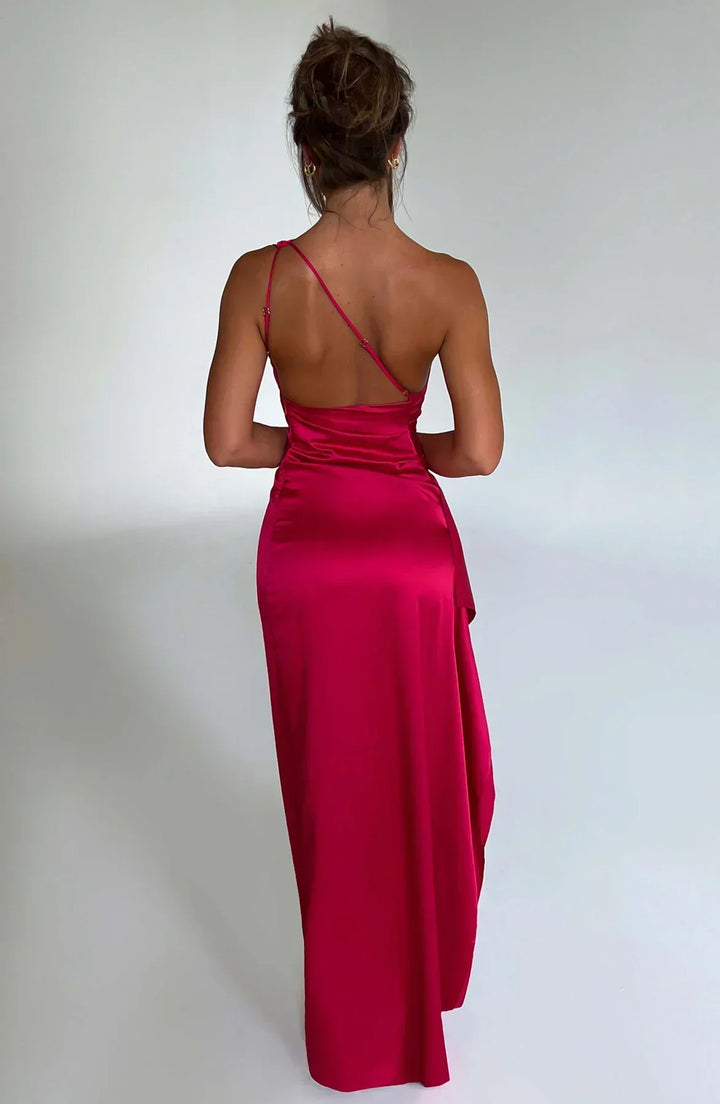 Pleated satin slit dress