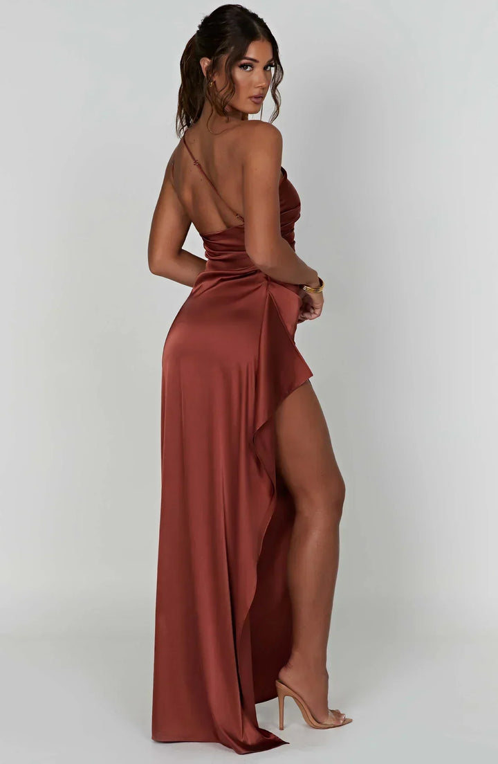 Pleated satin slit dress