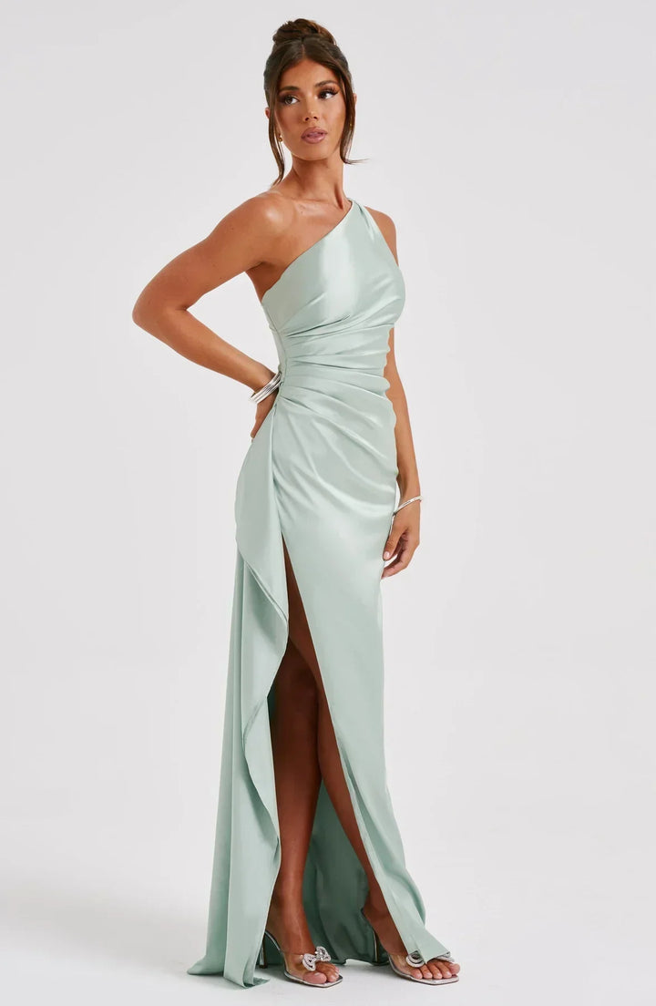 Pleated satin slit dress