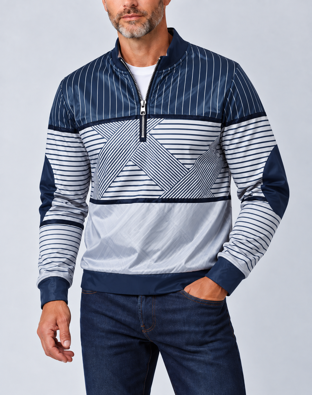 Niko | Pullover mit geometrischen Streifen und kurzem Reißverschluss