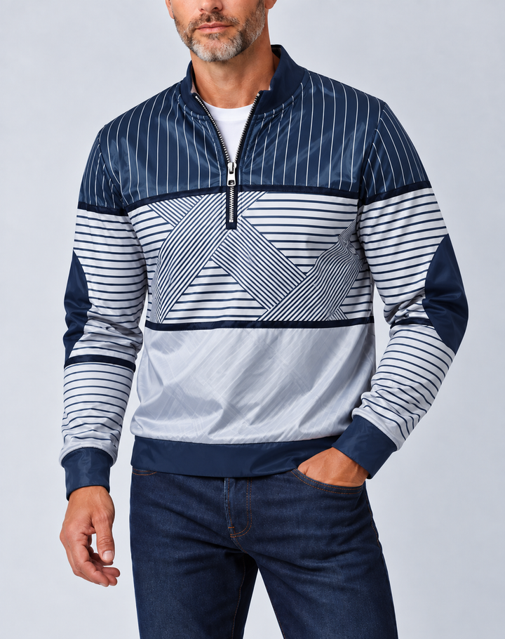 Niko | Pullover mit geometrischen Streifen und kurzem Reißverschluss