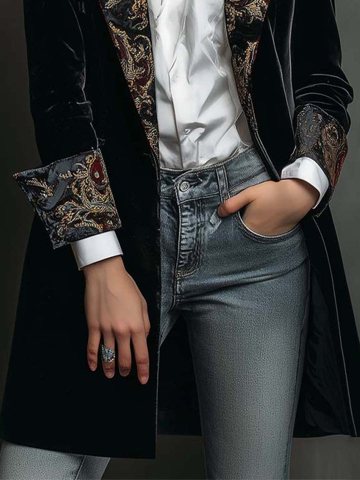 Julie | Blazer long effet velours avec bordure ornementale
