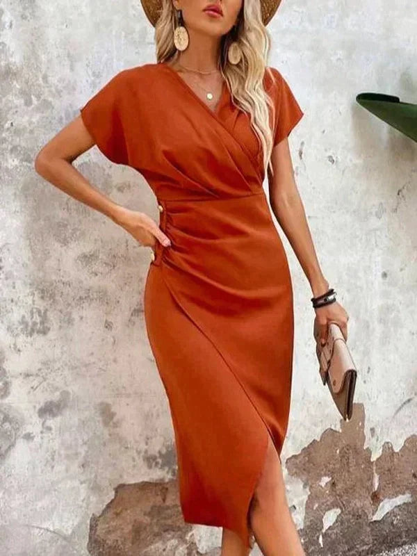 Orange V-Neck Wrap Midi Dress with Slit