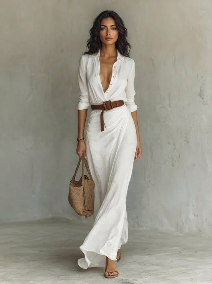 Vestido largo maxi con cuello de solapa y mangas largas para mujer